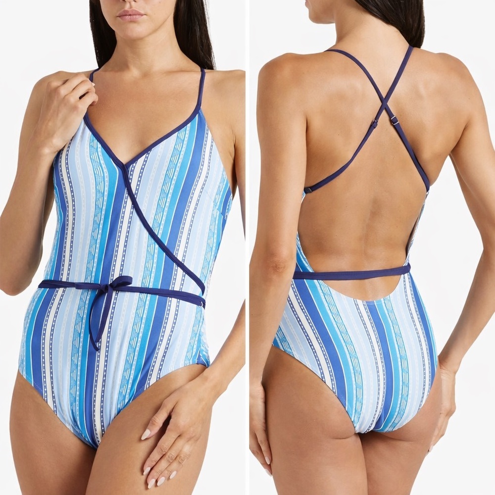 Lemlem Blue White Wrap One Piece Swimsuit M NWT Crisscross Back Resort Swim